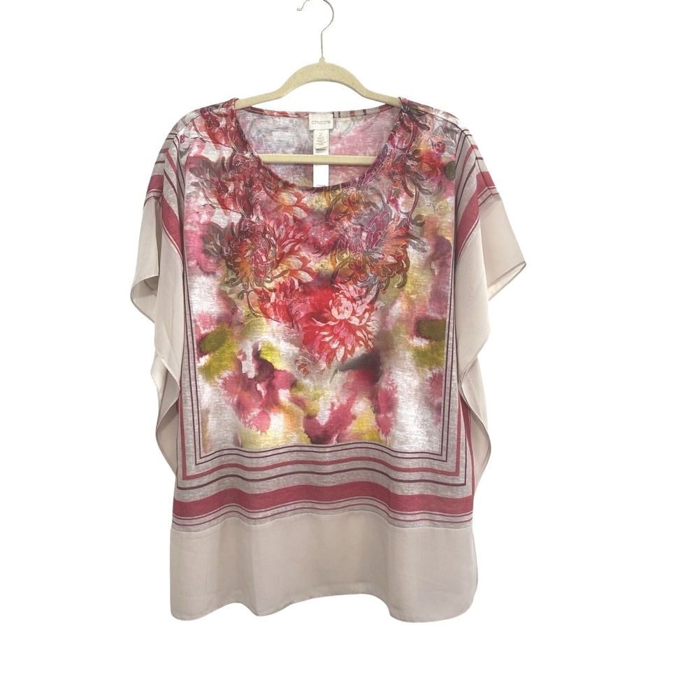 Chico's Fina Floral Top Womens 2 US Large Flutter Sleeve Boxy Boho Colorful